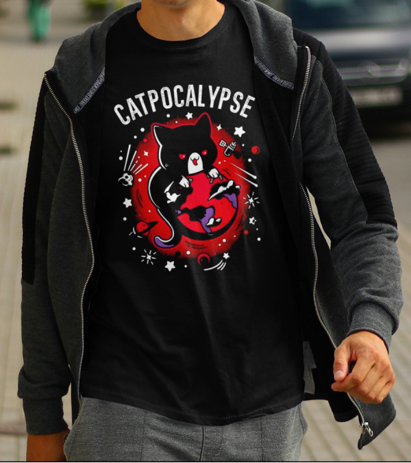 Catpocalypse Red Cat Holding Earth Surrounded By Space Elements T-Shirt