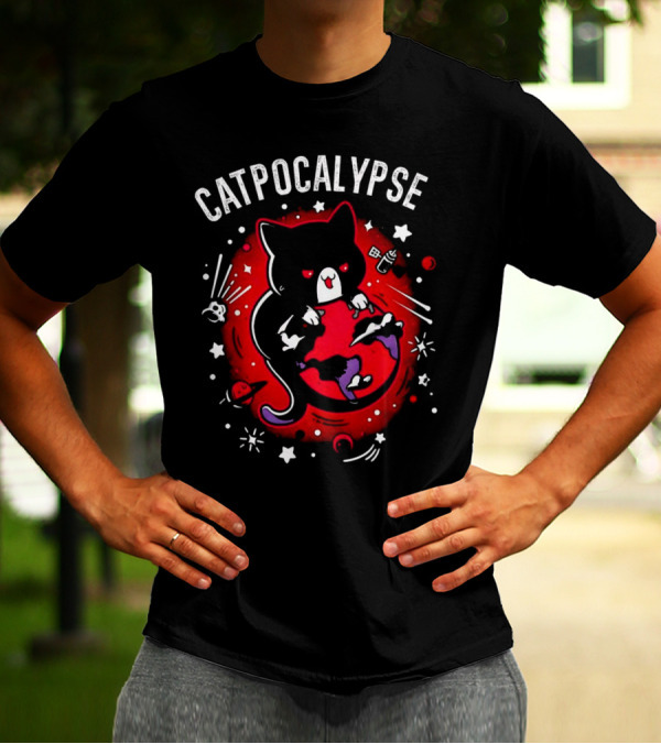 Catpocalypse Red Cat Holding Earth Surrounded By Space Elements T-Shirt