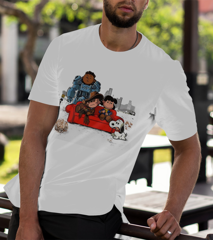 Peanuts Characters On Red Couch With Fallout Power Armor In Apocalypse Scene T-Shirt