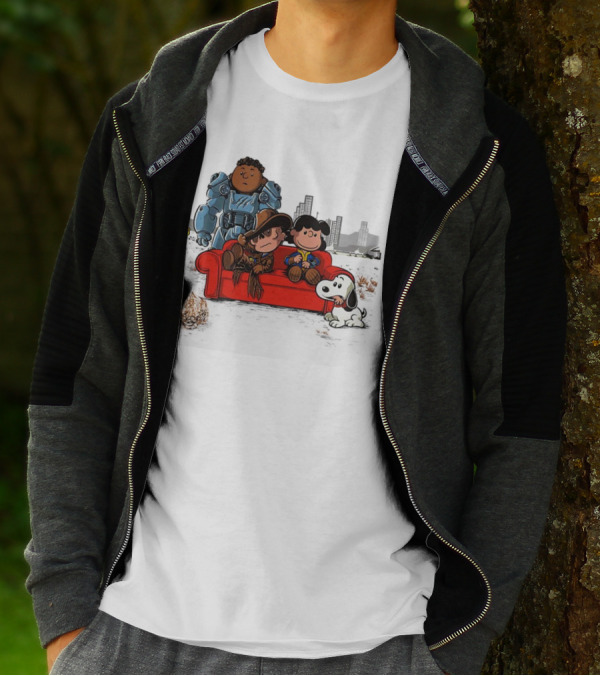 Peanuts Characters On Red Couch With Fallout Power Armor In Apocalypse Scene T-Shirt