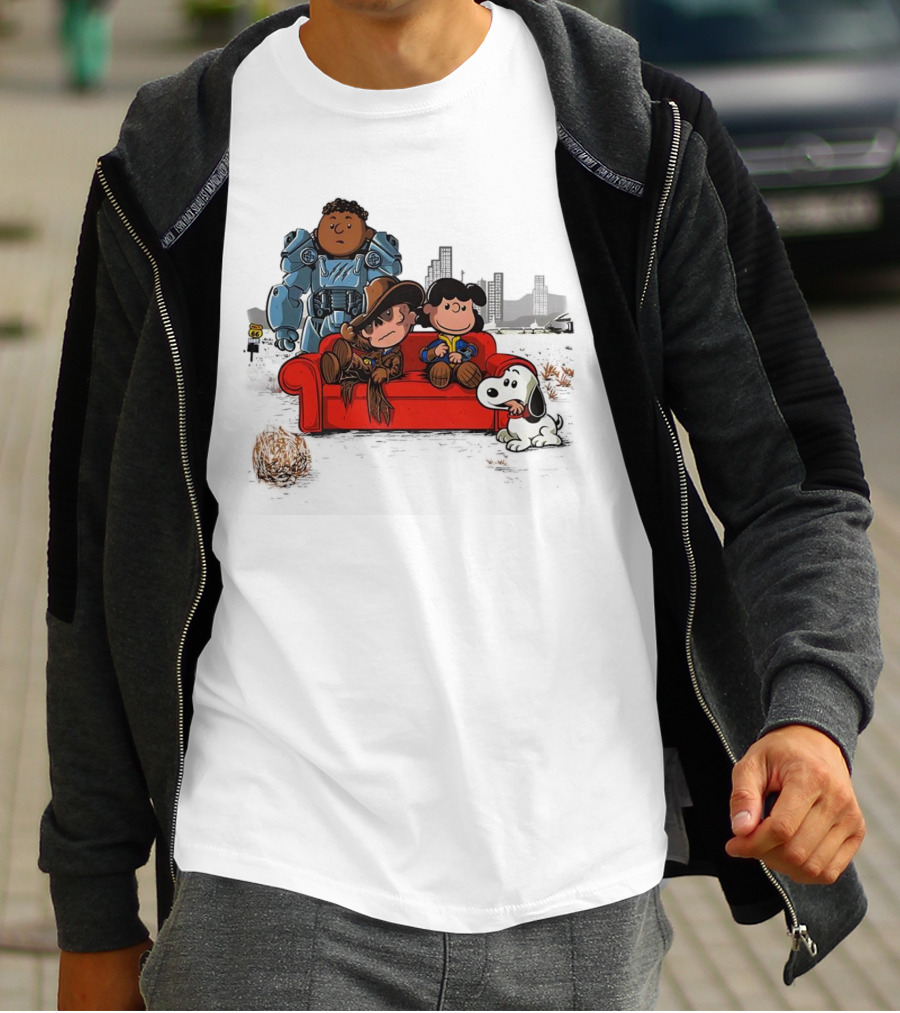 Peanuts Characters On Red Couch With Fallout Power Armor In Apocalypse Scene T-Shirt