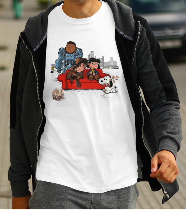 Peanuts Characters On Red Couch With Fallout Power Armor In Apocalypse Scene T-Shirt