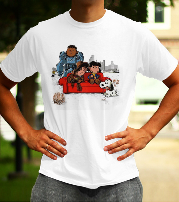 Peanuts Characters On Red Couch With Fallout Power Armor In Apocalypse Scene T-Shirt