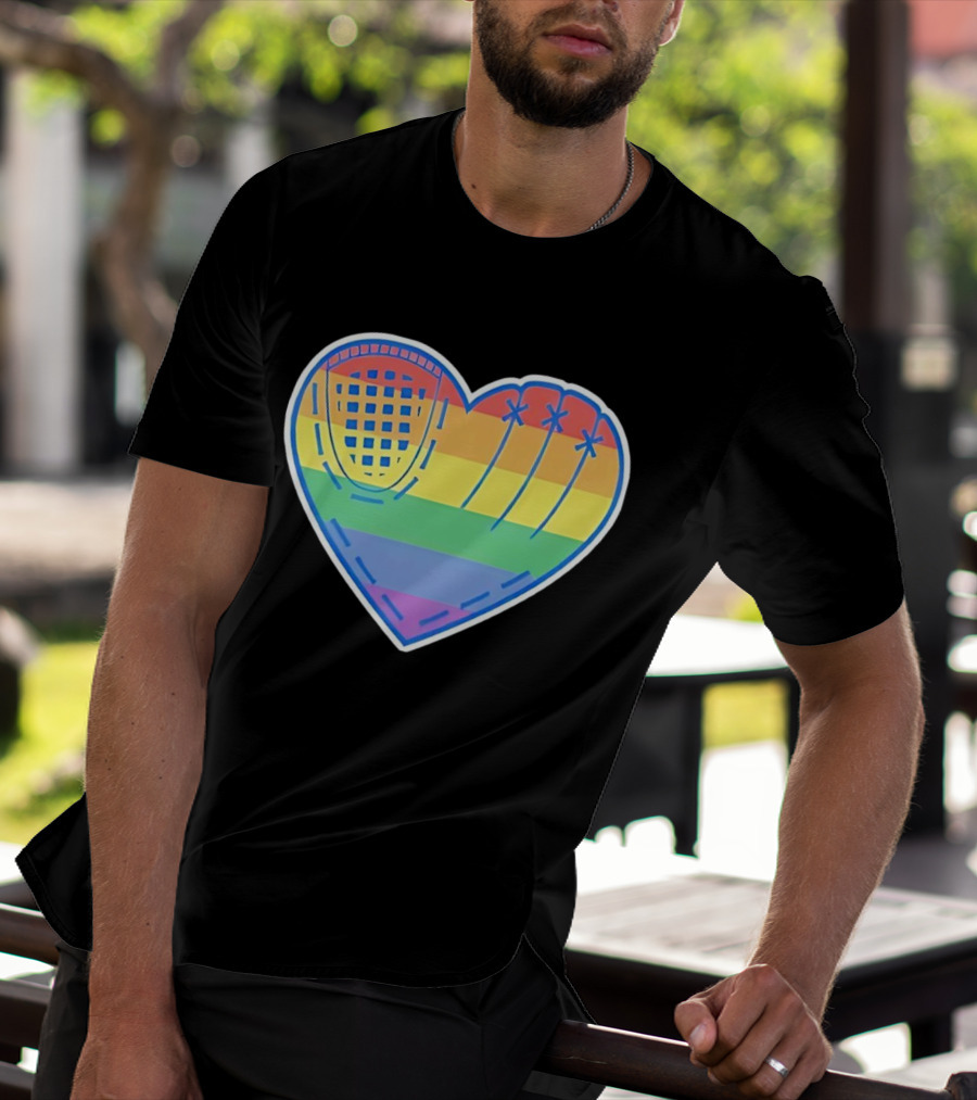 Pride Rainbow Striped Baseball Glove Heart T-Shirt