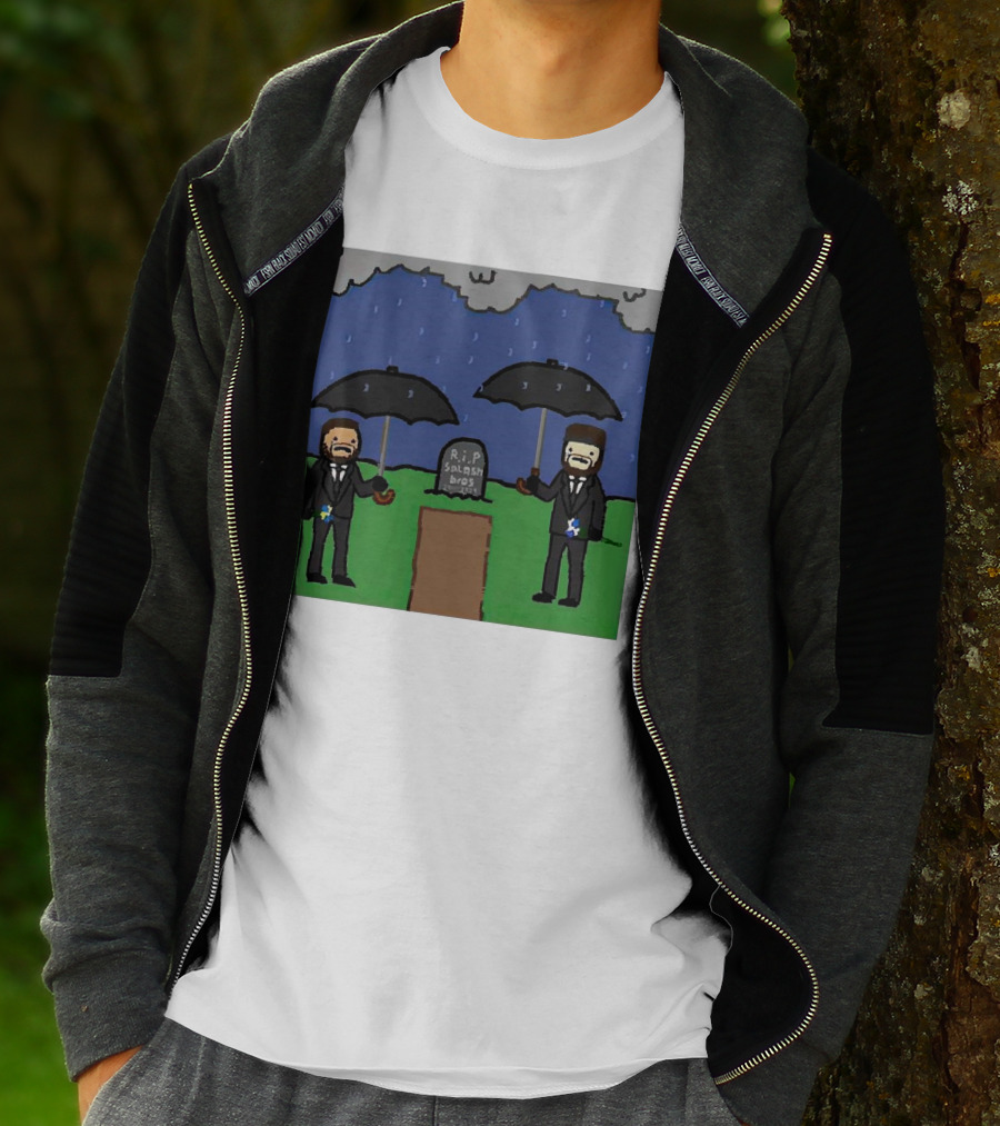 RIP SplashBros Cartoon Memorial With Suited Figures Holding Black Umbrellas T-Shirt