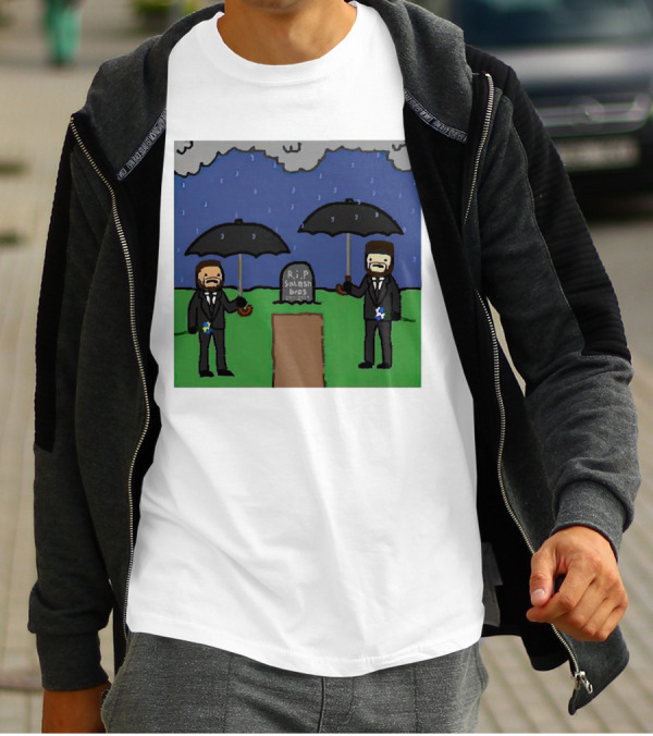 RIP SplashBros Cartoon Memorial With Suited Figures Holding Black Umbrellas T-Shirt
