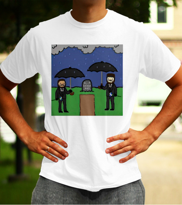 RIP SplashBros Cartoon Memorial With Suited Figures Holding Black Umbrellas T-Shirt