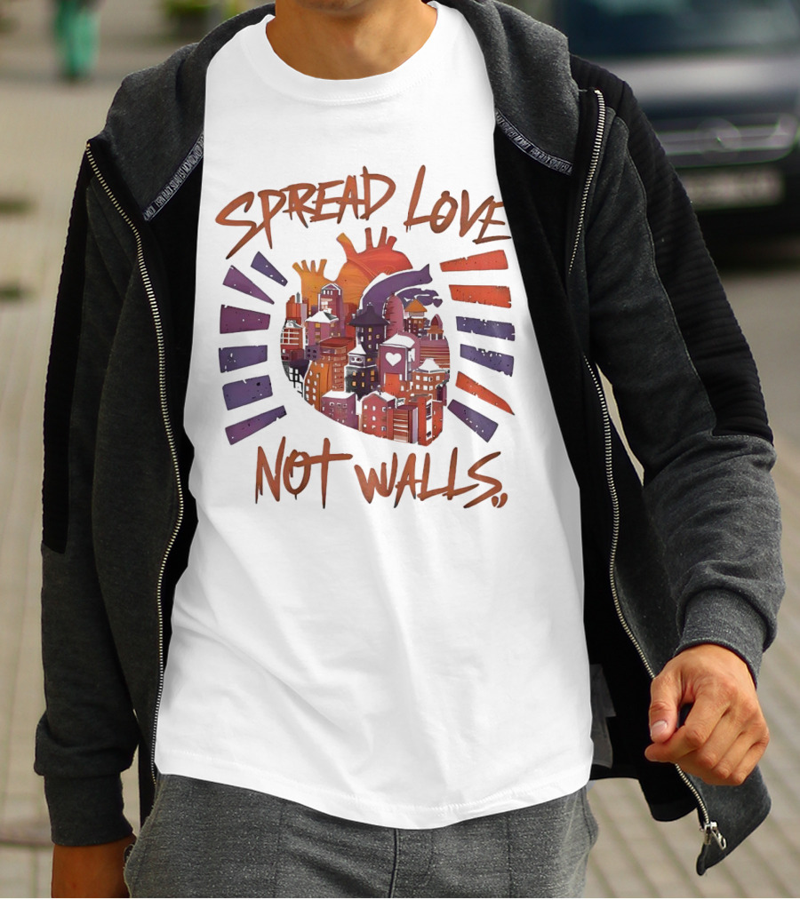 Spread Love Not Walls Cityscape Heart Crown Sunset T-Shirt