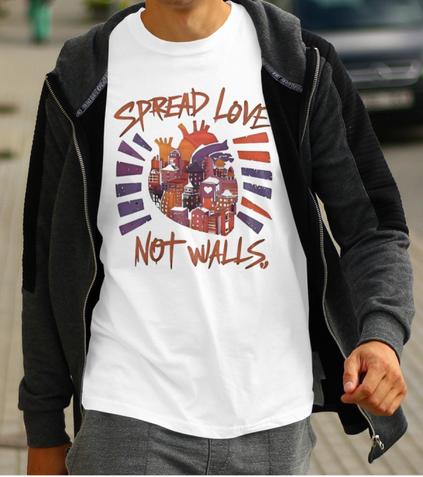 Spread Love Not Walls Cityscape Heart Crown Sunset T-Shirt