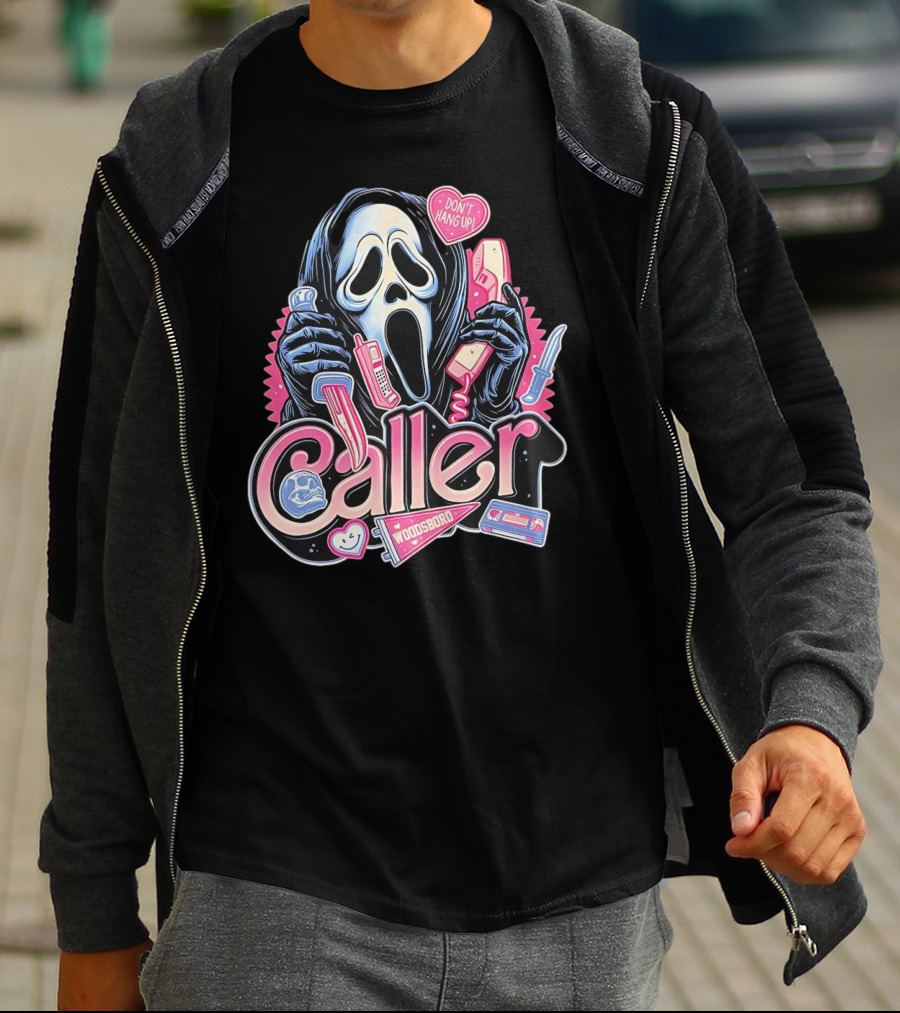Caller Ghostface Woodsboro Don't Hang Up Pink Telephone Knife T-Shirt