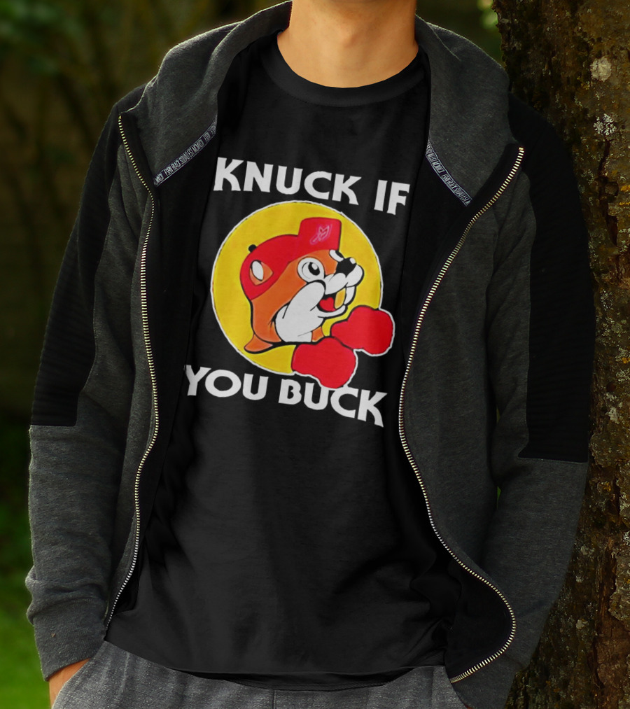 Knuck If You Buck Buc Ees Logo Red Cap Yellow Circle Boxing Gloves T-Shirt