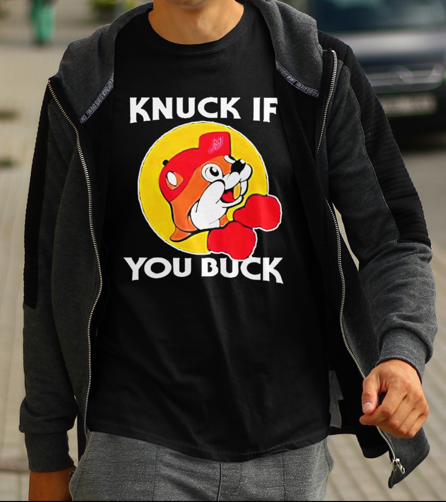 Knuck If You Buck Buc Ees Logo Red Cap Yellow Circle Boxing Gloves T-Shirt
