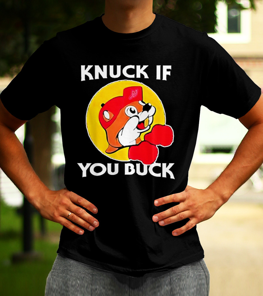 Knuck If You Buck Buc Ees Logo Red Cap Yellow Circle Boxing Gloves T-Shirt