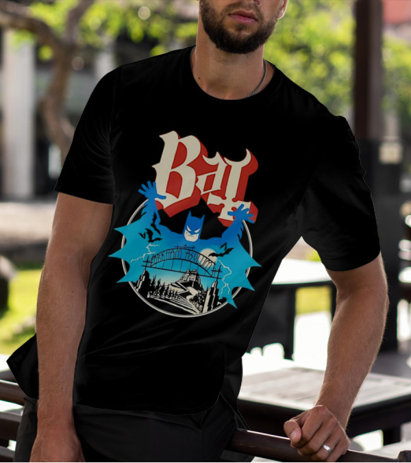 Bat Gotham Asylum Blue Bat Symbol And Red Gothic Font T-Shirt