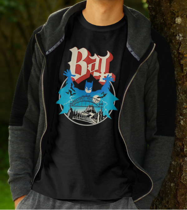 Bat Gotham Asylum Blue Bat Symbol And Red Gothic Font T-Shirt
