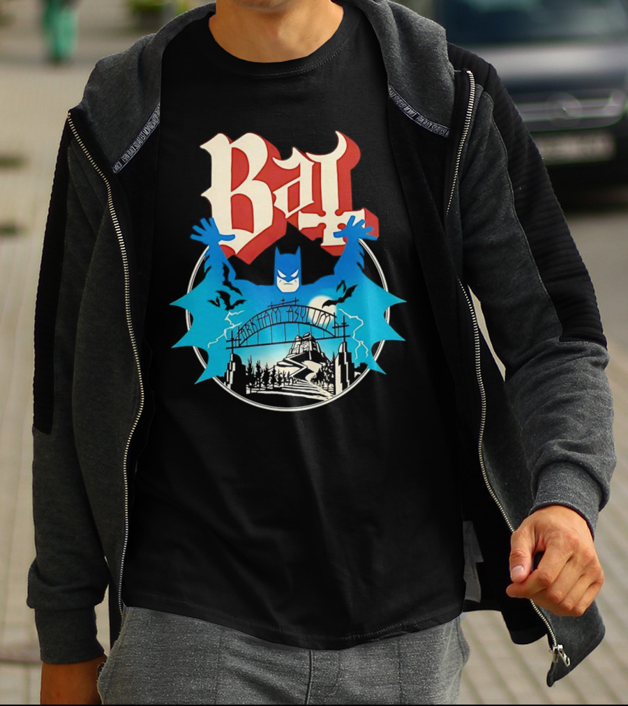 Bat Gotham Asylum Blue Bat Symbol And Red Gothic Font T-Shirt