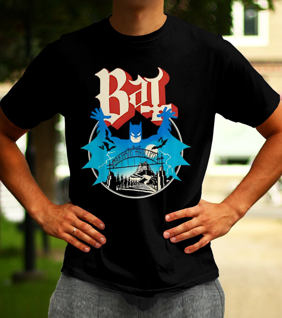 Bat Gotham Asylum Blue Bat Symbol And Red Gothic Font T-Shirt