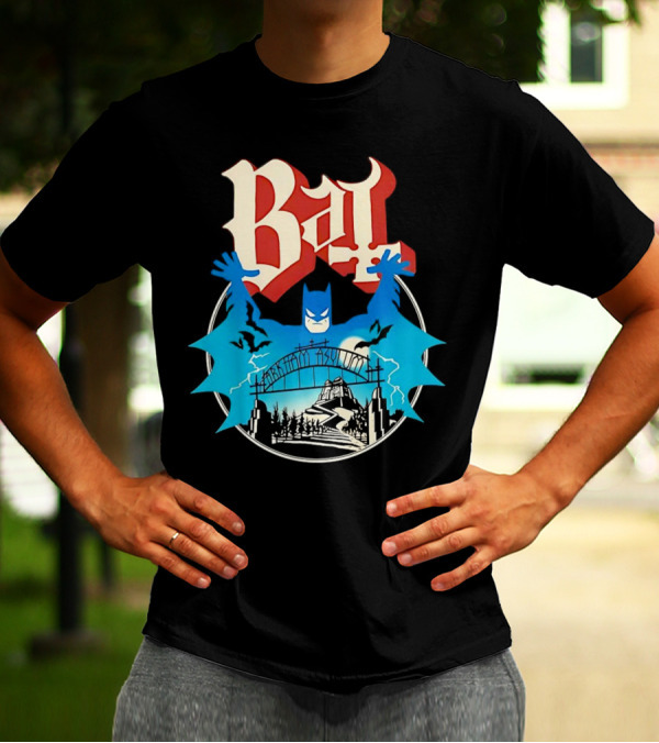 Bat Gotham Asylum Blue Bat Symbol And Red Gothic Font T-Shirt