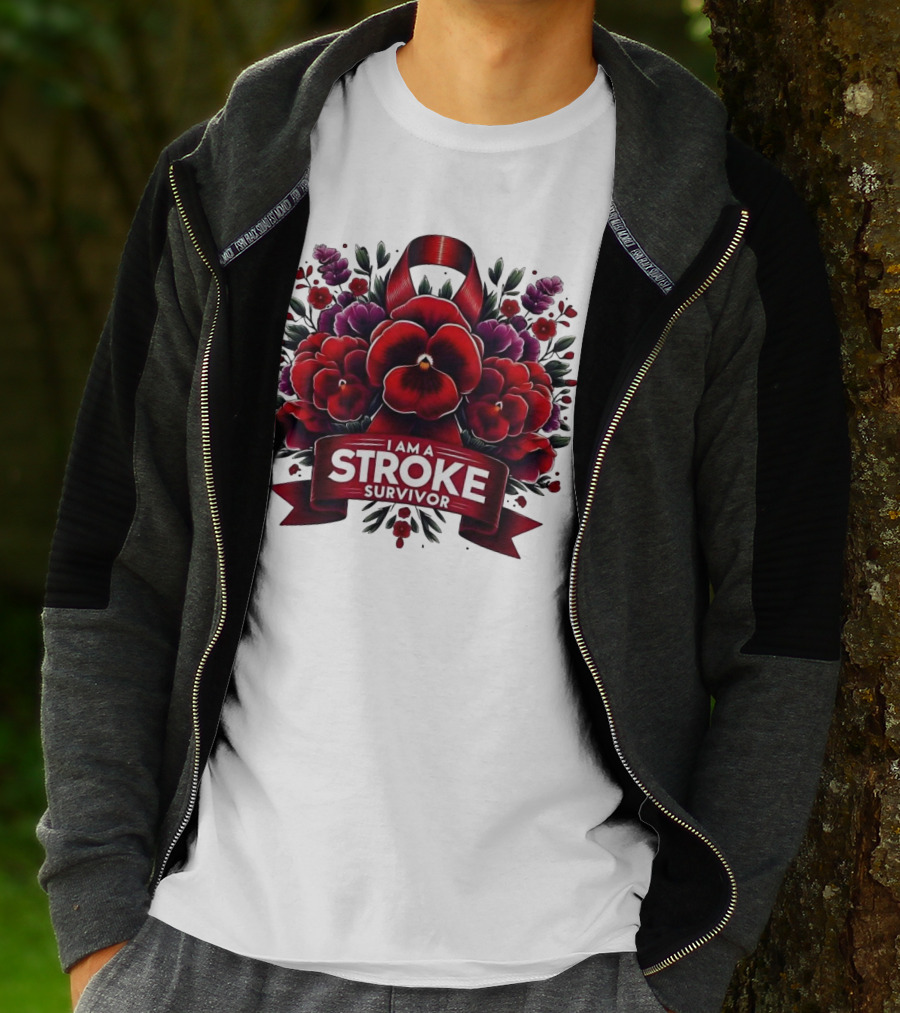 I Am A Stroke Survivor Red Ribbon And Floral Bouquet T-Shirt