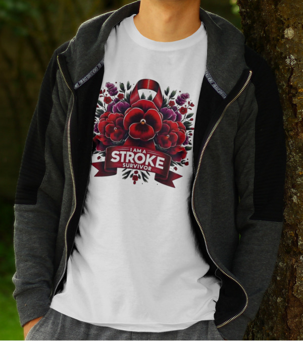 I Am A Stroke Survivor Red Ribbon And Floral Bouquet T-Shirt