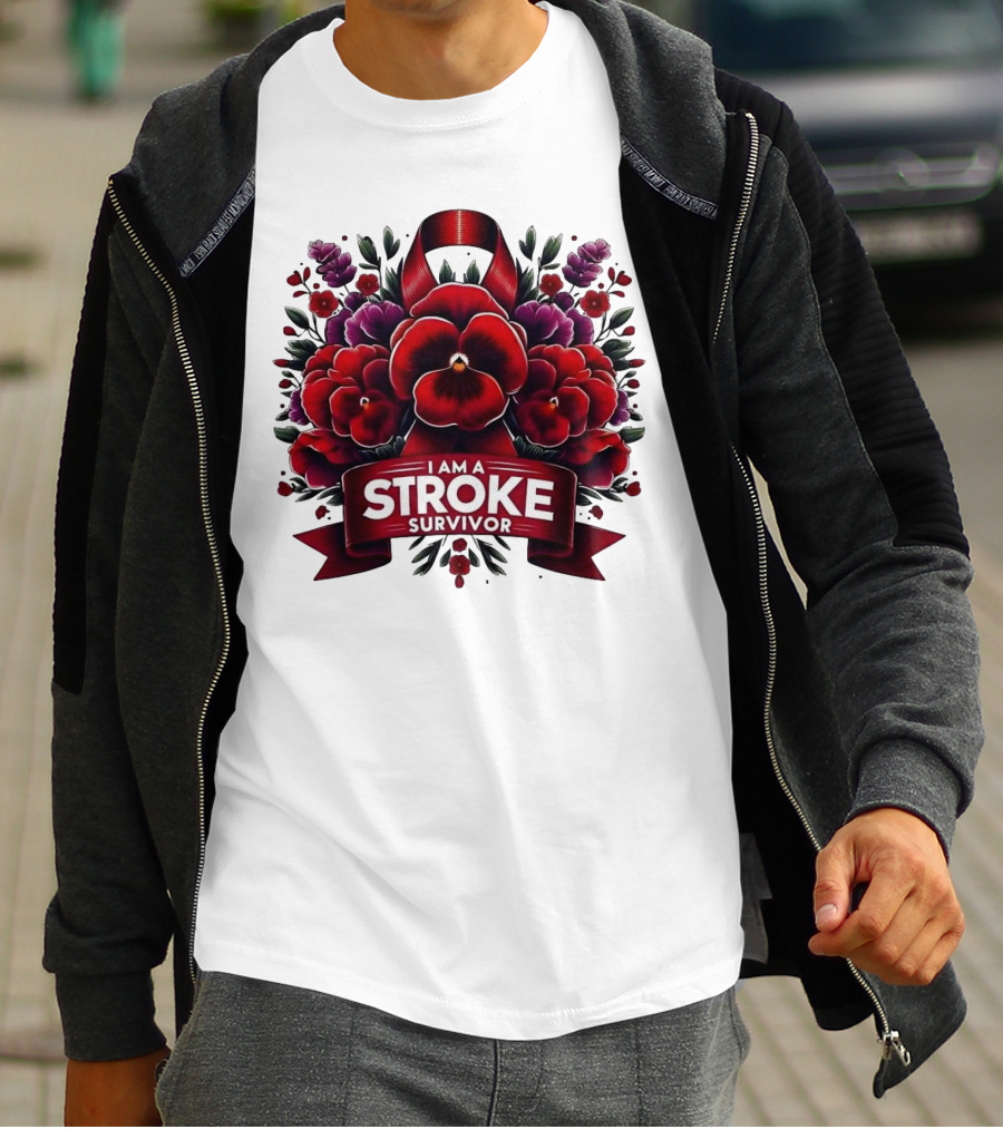 I Am A Stroke Survivor Red Ribbon And Floral Bouquet T-Shirt
