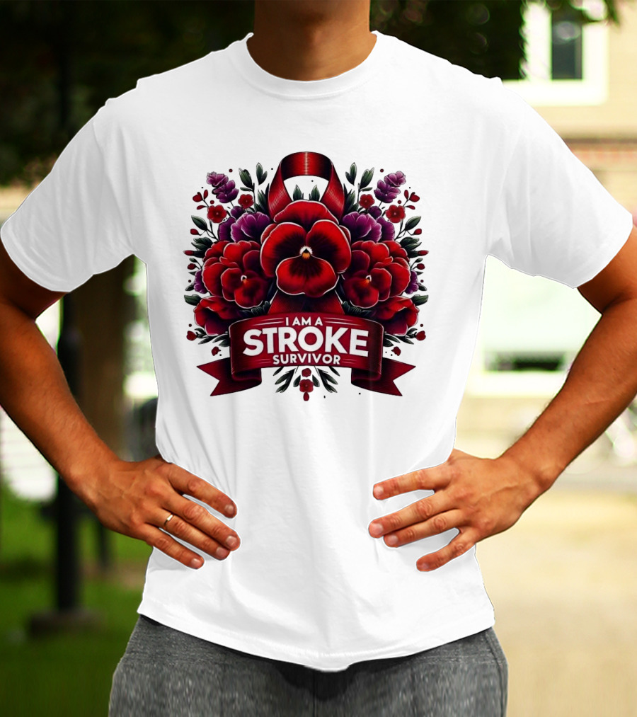 I Am A Stroke Survivor Red Ribbon And Floral Bouquet T-Shirt