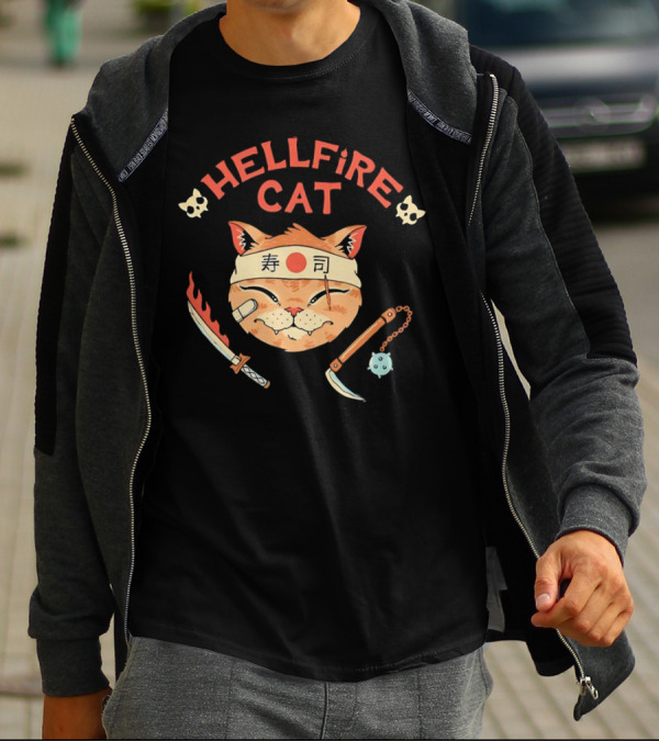 Hellfire Cat Sushi Samurai With Nunchaku And Flaming Sword T-Shirt