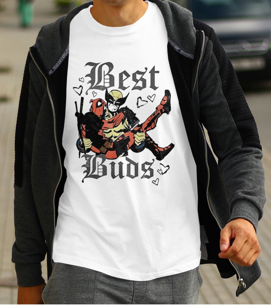 Best Buds Wolverine Carrying Deadpool With Hearts T-Shirt