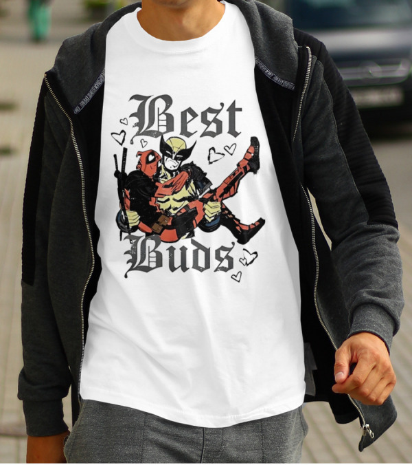 Best Buds Wolverine Carrying Deadpool With Hearts T-Shirt