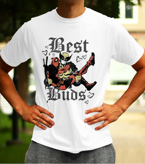 Best Buds Wolverine Carrying Deadpool With Hearts T-Shirt