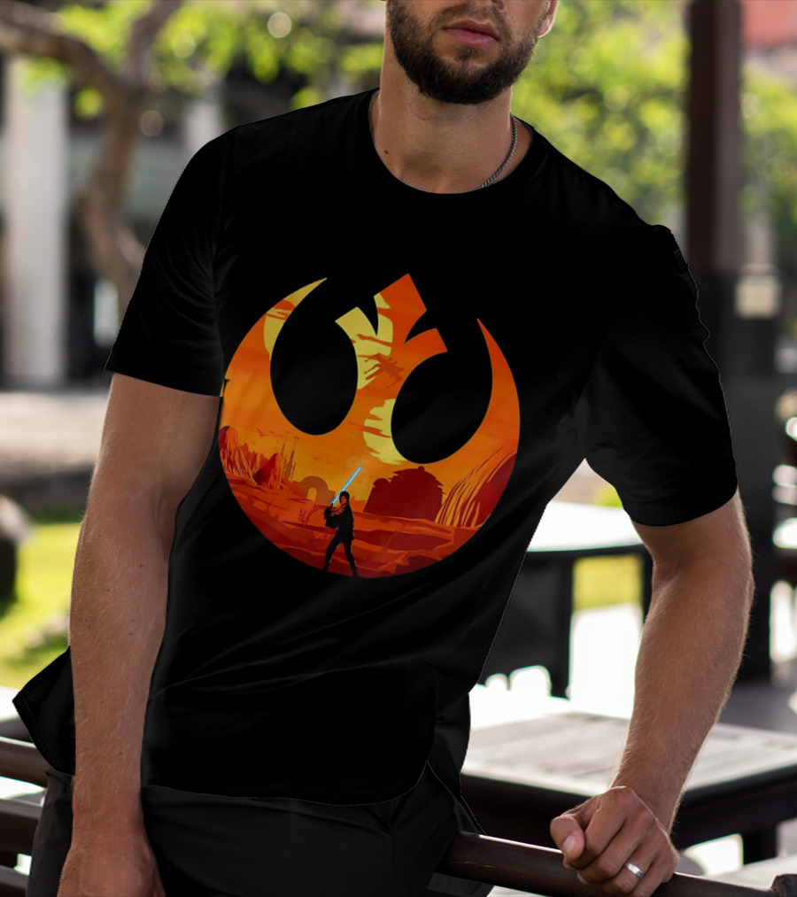 Luke Skywalker The Knight Farmer Tatooine Rebel Symbol Sunset Scene T-Shirt