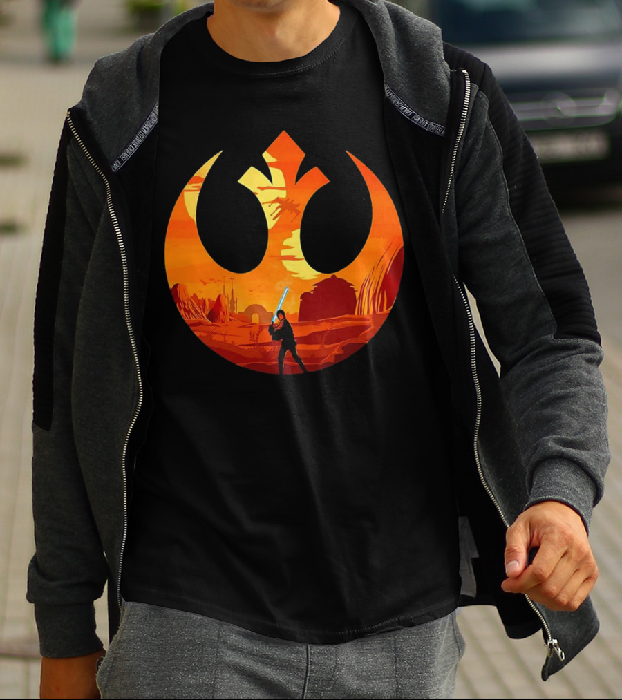 Luke Skywalker The Knight Farmer Tatooine Rebel Symbol Sunset Scene T-Shirt