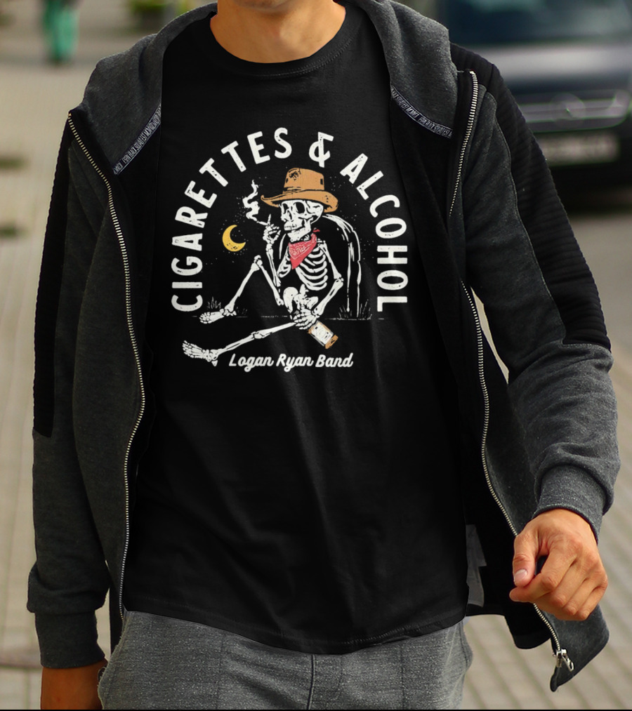 Logan Ryan Band Cigarettes And Alcohol Skeleton In Cowboy Hat Smoking With Bottle And Moon T-Shirt