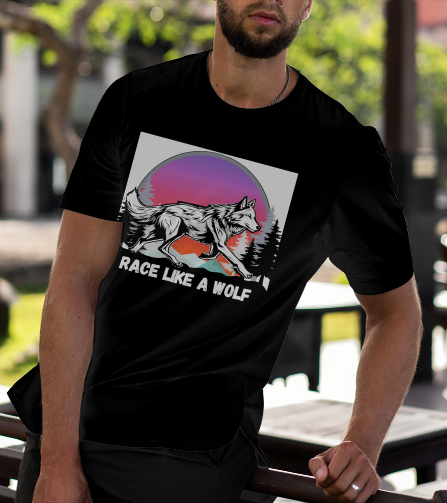 Race Like A Wolf Running Through Forest Silhouette At Sunset T-Shirt