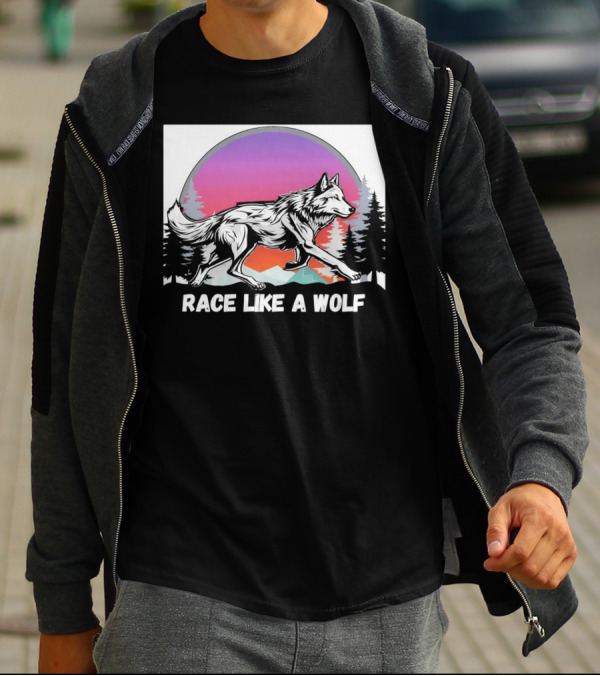 Race Like A Wolf Running Through Forest Silhouette At Sunset T-Shirt