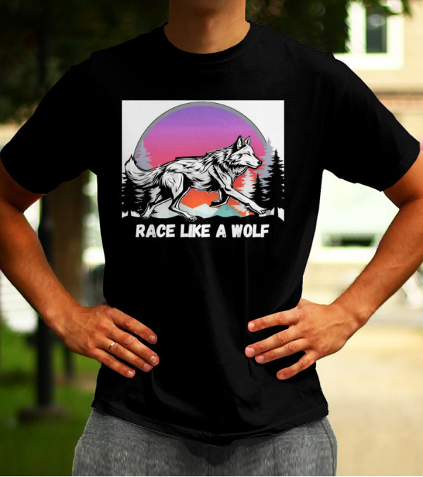 Race Like A Wolf Running Through Forest Silhouette At Sunset T-Shirt