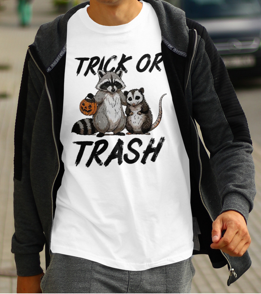 Trick Or Trash Halloween Raccoon With Pumpkin T-Shirt