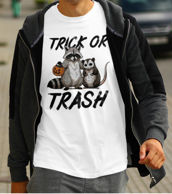 Trick Or Trash Halloween Raccoon With Pumpkin T-Shirt