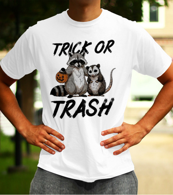 Trick Or Trash Halloween Raccoon With Pumpkin T-Shirt