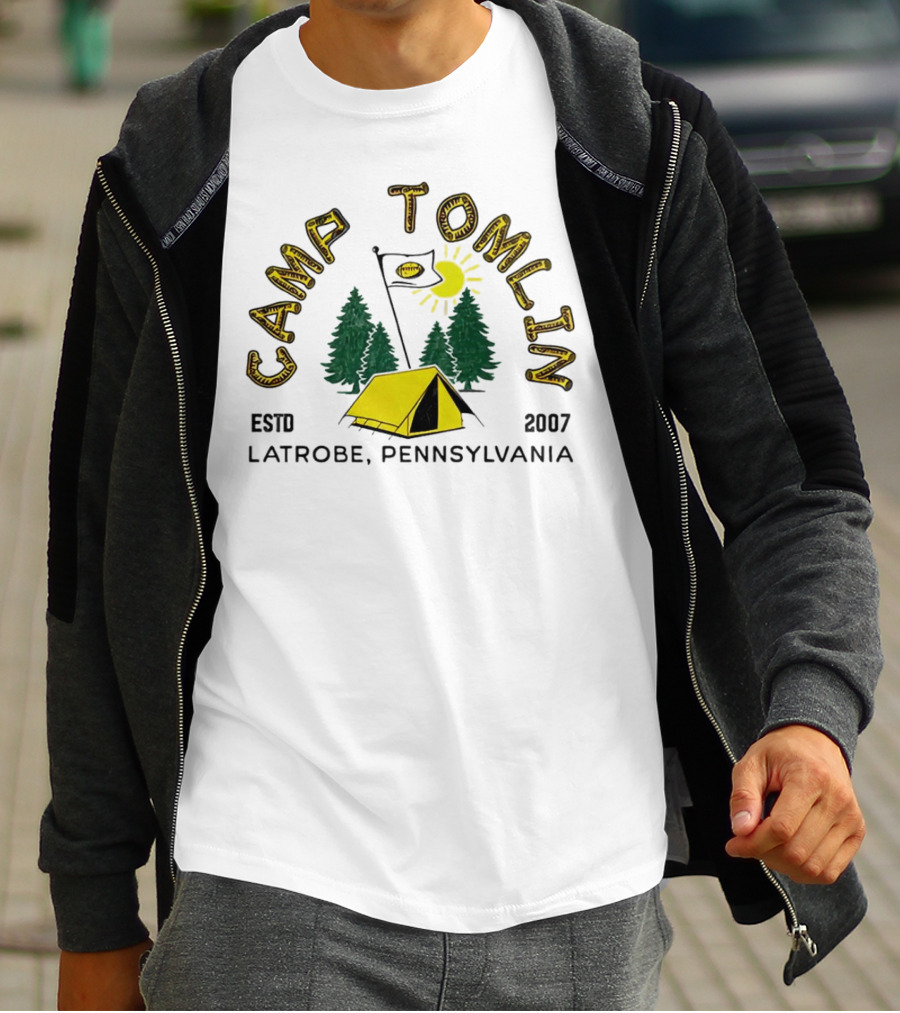 Camp Tomlin Established 2007 Latrobe Pennsylvania Football Camping Tent Trees Moon Sun T-Shirt