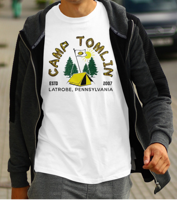 Camp Tomlin Established 2007 Latrobe Pennsylvania Football Camping Tent Trees Moon Sun T-Shirt