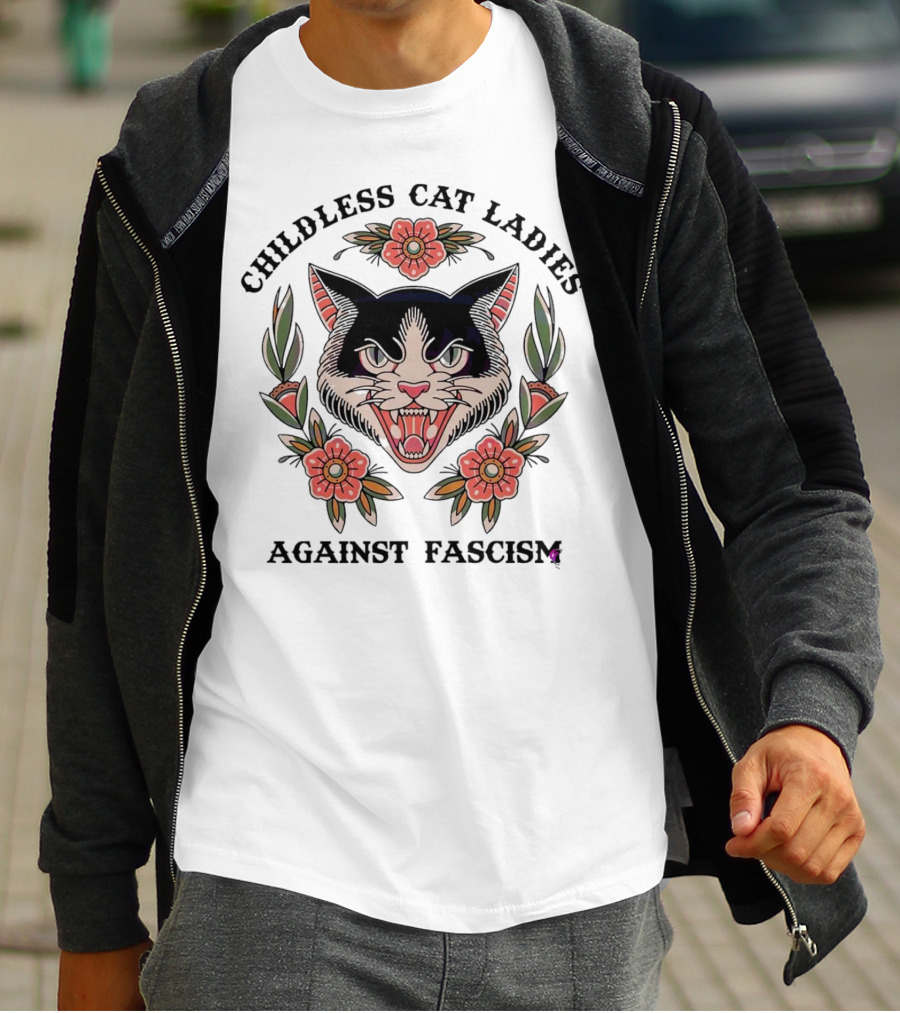 Childless Cat Ladies Against Fascism Fierce Cat With Flowers T-Shirt
