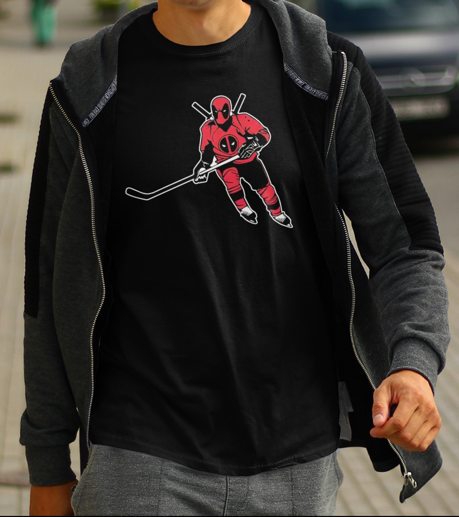 Deadpool Playing Hockey With Iconic Mask And Costume T-Shirt