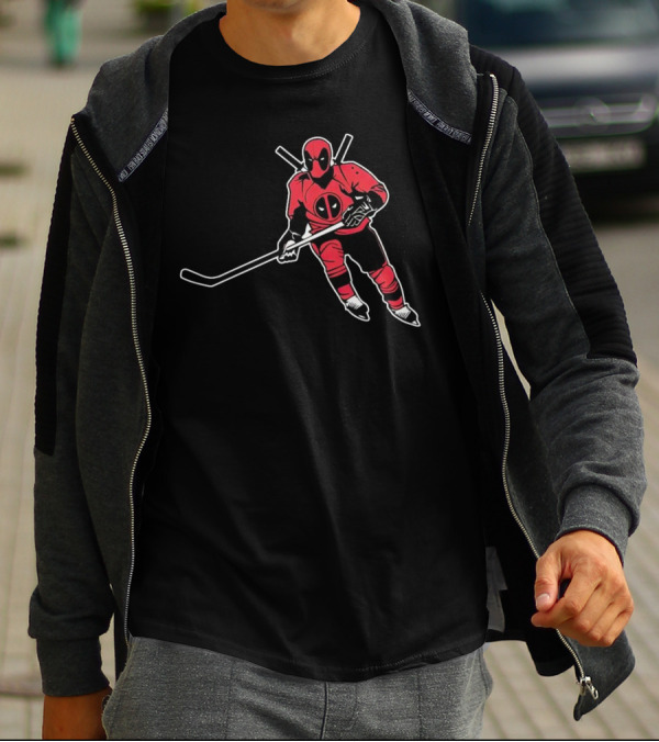 Deadpool Playing Hockey With Iconic Mask And Costume T-Shirt