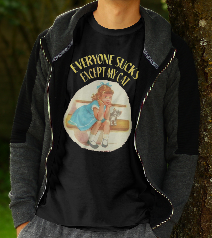 Everyone Sucks Except My Cat Vintage Girl With Kitten T-Shirt