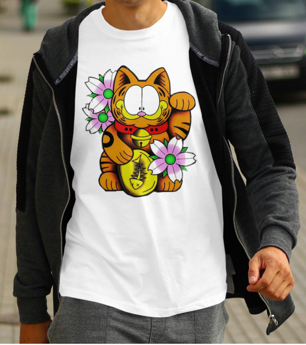 Garfield Maneki Neko With Fish Coin And Flowers T-Shirt