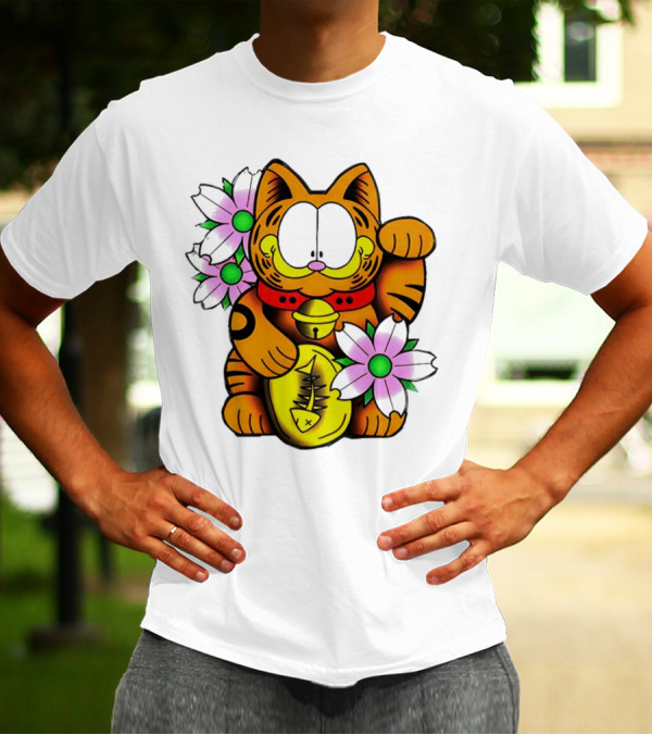Garfield Maneki Neko With Fish Coin And Flowers T-Shirt