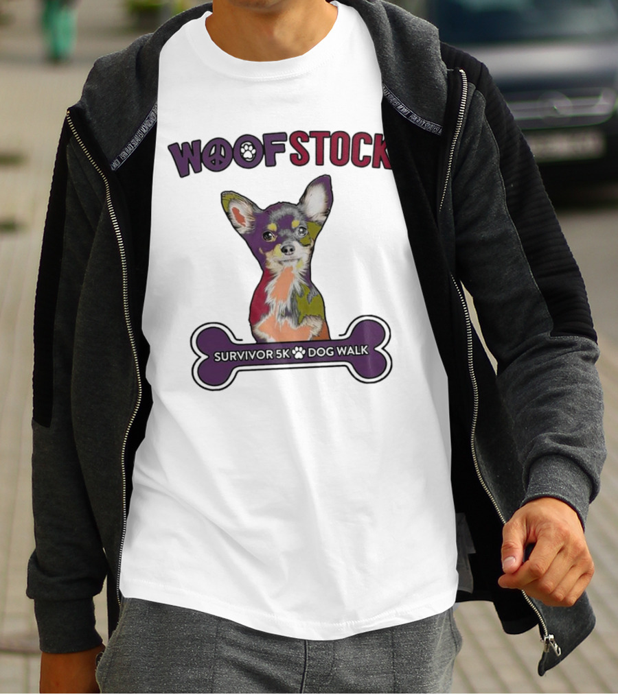 Woof Stock Peace Sign Survivor 5K Dog Walk Colorful Chihuahua Bone T-Shirt