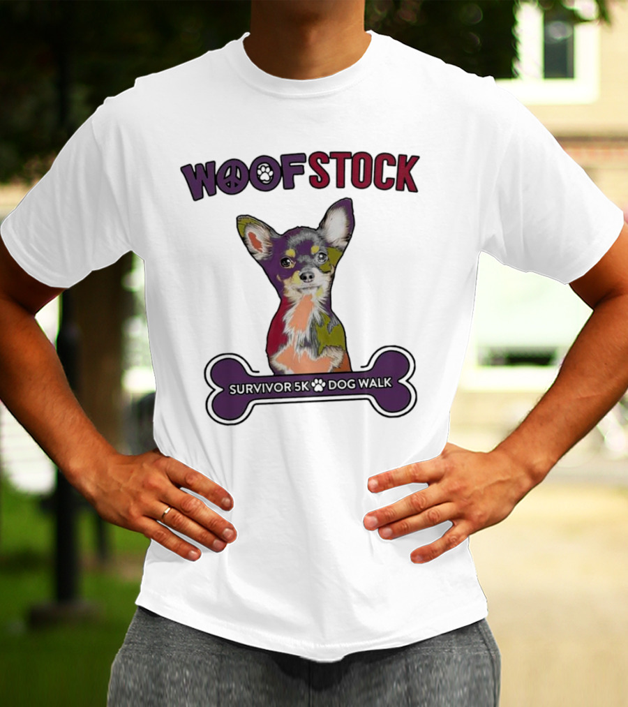 Woof Stock Peace Sign Survivor 5K Dog Walk Colorful Chihuahua Bone T-Shirt