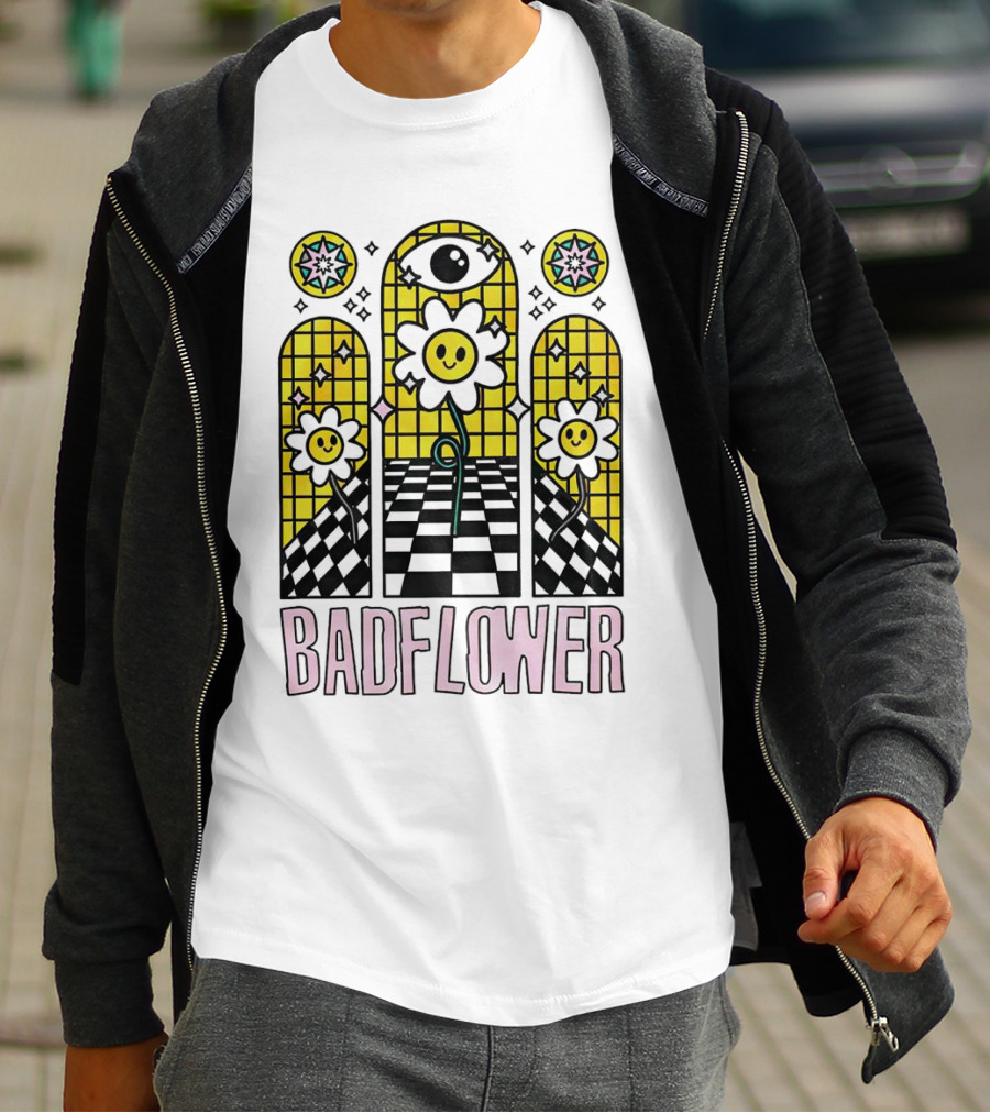 Badflower Eyeball Wall Happy Flowers Stained Glass T-Shirt